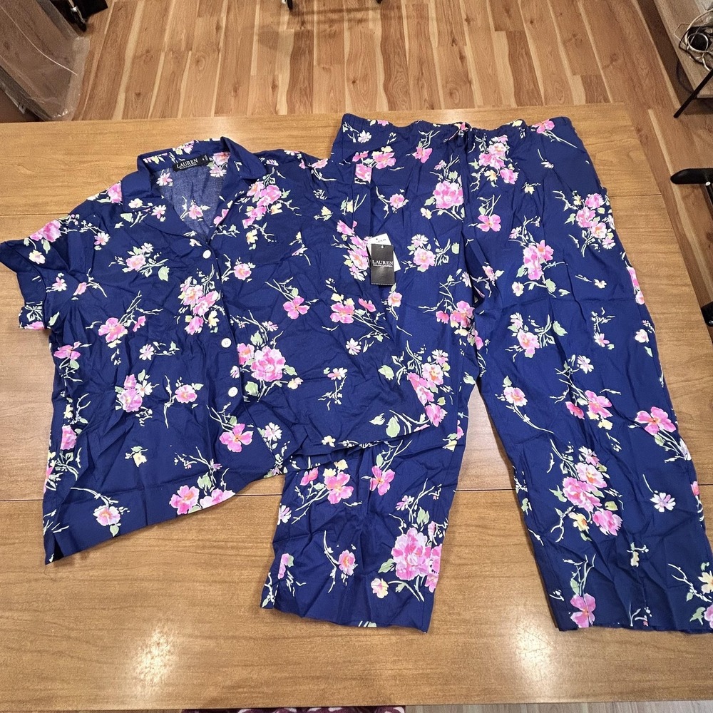 Lauren Ralph Lauren Shirt Pants Set Womens XL Blue Floral Lounge Outfit NWT